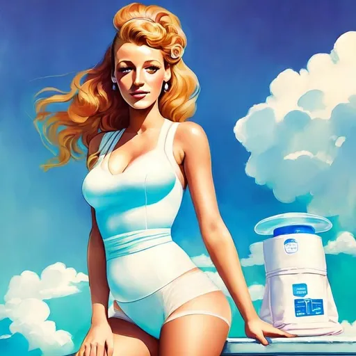 Prompt: Art Deco Fine Art illustration of ((Blake Lively)) as a stunning young and attractive #diaper-girl# Woman, ((wearing an adult diaper)) that is (designed to resemble a Pampers baby diaper). She loves wearing diapers, is an ABDL. The diaper should have a similar shape and design, with a white absorbent core, colored waistband, and cartoon characters or other playful graphics, adult diaper features include its high absorbency, softness, and comfort. The overall tone should be playful and lighthearted, with the goal of appealing to adults who want a diaper that is both functional and fun, trending on artstation.