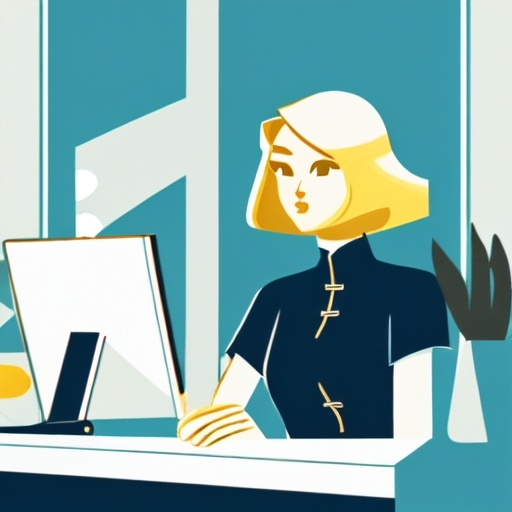 Prompt: minimalist graphic poster of a modern young blonde vietnamese woman sitting behind the counter in a little vintage bookstore. She looks up with pleasant surprise to great a european woman entering the bookshop, solid colors only. one line drawing. art deco and marimekko, final features, illustrative stylization, graphic emphasis, high accent textures, colored line patterns.