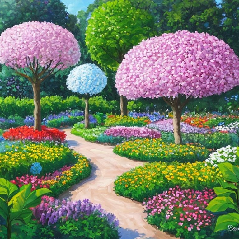 Prompt: cubic painting of flower garden with blossem trees