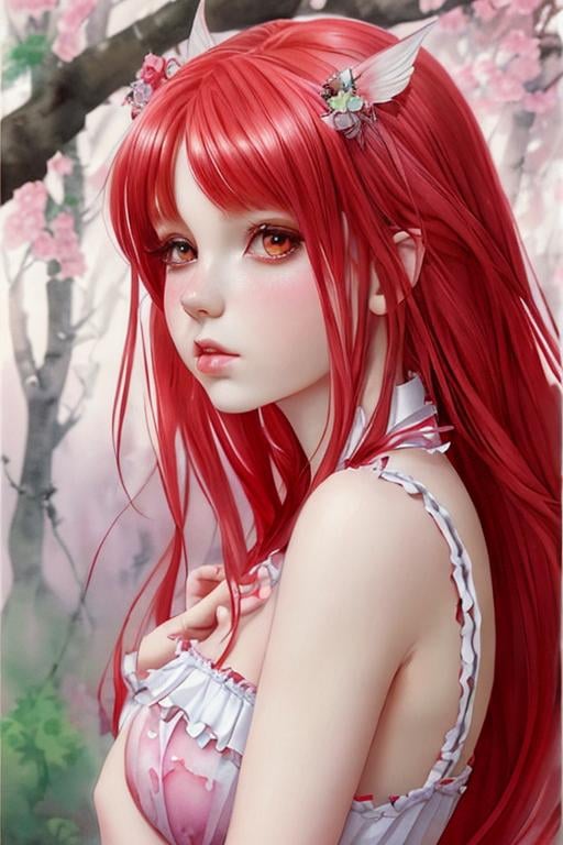 Prompt: blissful, sweet girl, lolita style, red hair, fairy, anime Character Design, Unreal Engine, Beautiful, Tumblr Aesthetic,  Hd Photography, Hyperrealism, Beautiful Watercolor Painting, Realistic, Detailed, Painting By Olga Shvartsur, Svetlana Novikova, Fine Art