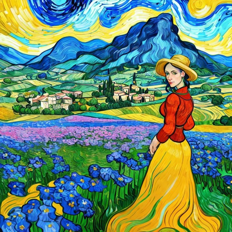 Prompt: Beautiful italian lady in an beautiful landscape of Umbrië, Style Flora Bowley and Vincent van Gogh,8k, dynamic lighting, ultra detailed