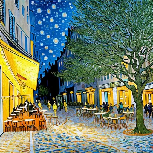 Prompt: Terrasse du café le soir, Place du forum, Arles ,  Style Flora Bowley and Vincent van Gogh,8k, dynamic lighting, ultra detailed 