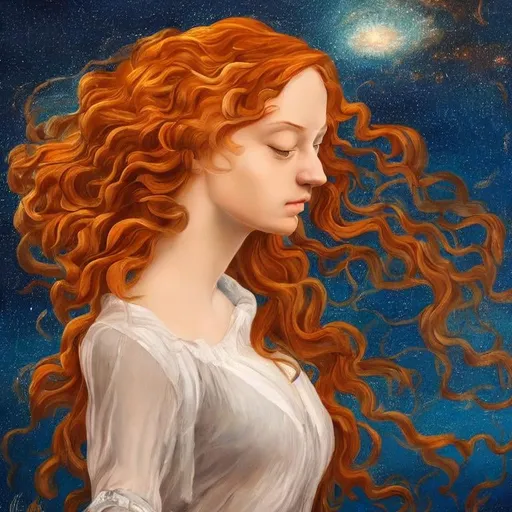 Prompt:  Oil painting by Botticelli portrait of a beautiful woman with curly auburn hair observing star dust and clouds in the milky-way, stunning image, epic fantasy image, award-winning cgi, artstation, blender 