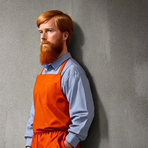 Prompt: King willem alexander with beard standing alone for a grey wall in prison wearing orange scrubs prison uniform 