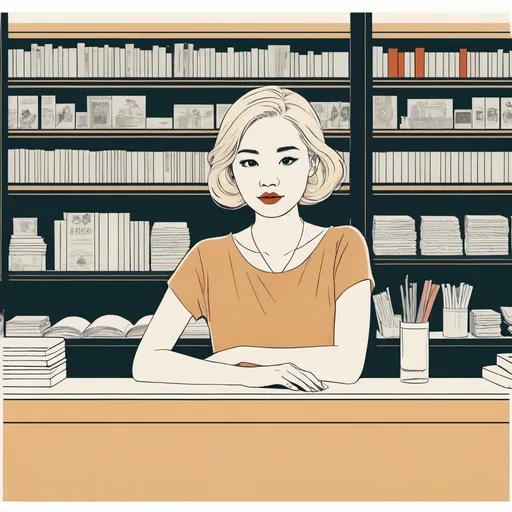 Prompt: minimalist graphic poster of a modern young blonde vietnamese woman sitting behind the counter in a little vintage bookstore. She looks up with pleasant surprise to great a european woman entering the bookshop, solid colors only. one line drawing. art deco and marimekko, final features, illustrative stylization, graphic emphasis, high accent textures, colored line patterns.