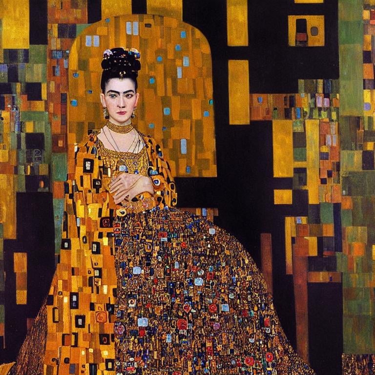 Prompt: a painting by gustav klimt of a beautiful slender blonde young woman frida kahlo in royal dress ,8k, dynamic lighting, ultra detailed