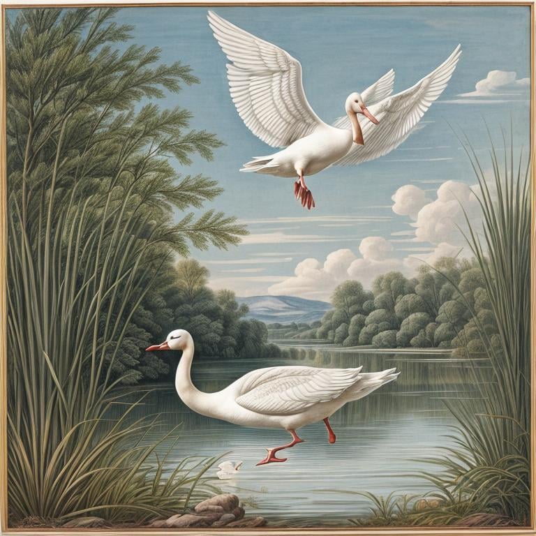 Prompt: Bird book illustration an of a white goose flying above a lazy river, with light blue eyes and long white crest and long black legs, white background with cattail plants, By John James Audubon 