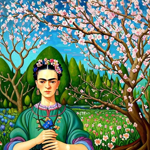 Prompt:  Beautiful Frida Kahlo as Woman in garden, almond blossom luminous trees, intriguing flowers, highly detailed painting, intricate, high quality oil painting , woman Sandro Botticelli style and patchwork by Megan Duncanson and Jennifer Lommers and Didier Lourenço 