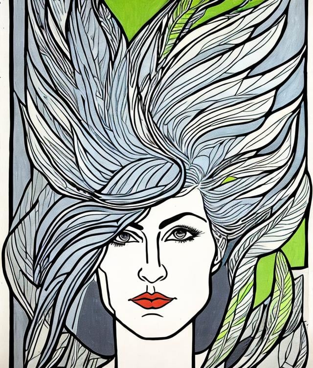 Prompt:  in the style of Risto Klint. a middle aged woman with long gray hair. she has green eyes. she has green feathers in her air. in the style of Risto Klint. in the style of Risto Klint.