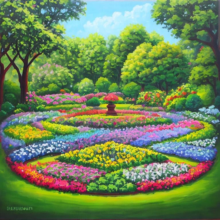 Prompt: cubic painting of flower garden with blossem trees