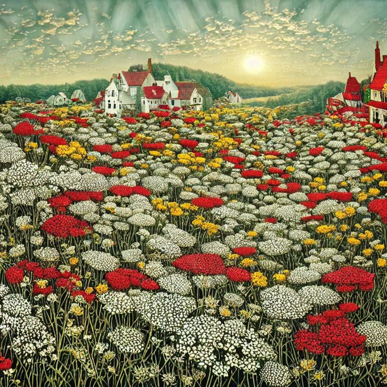 Prompt: Queen Anne’s Lace, red and white and black and yellow landscape. Detailed buildings with gray roofs. No floating flowers in the sky. No buildings on top of flowers in the sky. Unsigned, no signature, beautiful, high definition, acrylic art, incritate details, Jacek Yerka