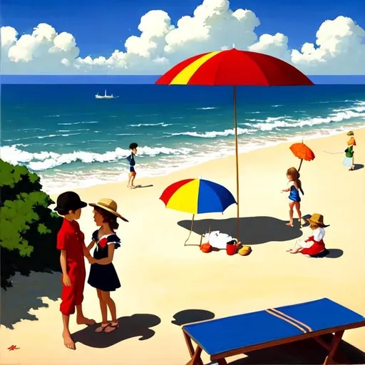 Prompt:  beach landscape, girls and boys, playing children, beach cottages,umbrellas, Style: Jack Vettriano, catherine abel, beautiful crisp colors 