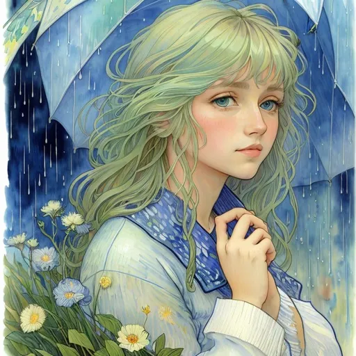 Prompt:   A girl touched by the rain, rain soaked hair and clothes, watercolor,  style van Gogh and Alphonse Mucha, Jugendstil, Enki Bilal and Flora Bowley