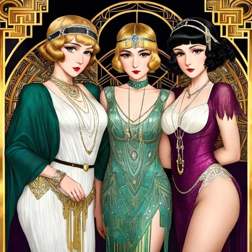 Prompt: three Beautiful woman, flapper, roaring 20s, great gatsby,digital painting,sharp focus, elegant,intricate, very attractive,beautiful, dynamic lighting,award winning, fantastic vieuw, hyperrealistic,ultra detailed, high definition, cinematic postproccesing, picasso, Alphonse Mucha, Arhur Rackman, Artnouveau, Gustave Klimt, Maxfield Parrish, Sulamith Wulfing, Isabelle de Borchgrave, Jules Cheret, David Goines, Petricone 