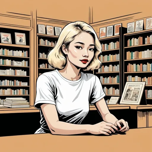 Prompt: minimalist graphic poster of a modern young blonde vietnamese woman sitting behind the counter in a little vintage bookstore. She looks up with pleasant surprise to great a european woman entering the bookshop, solid colors only. one line drawing. art deco and marimekko, final features, illustrative stylization, graphic emphasis, high accent textures, colored line patterns.