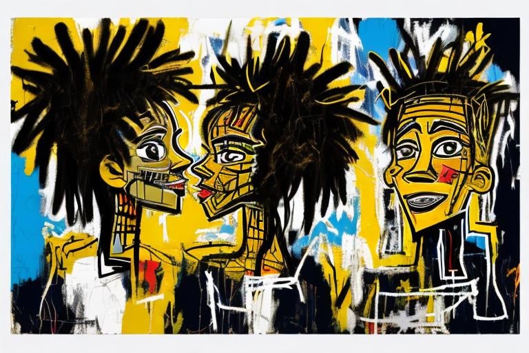 Prompt: comic style, stunning background, abstract painting using  black white dark blue and gold  basquiat style lesbian lovers with locs and black and white illusion lines