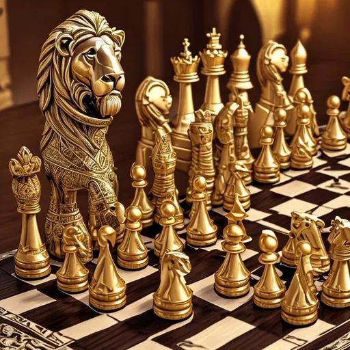 Prompt: Chess with lion as the king lioness as queen horse as knight elephant as bishop and camel as rook and cat as pawn ultra realistic art