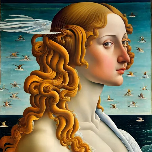 Prompt: Bird of venus highly detailed painting, intricate, high quality oil painting , sea and woman Sandro Botticelli style, 8k, dynamic lighting, ultra detailed