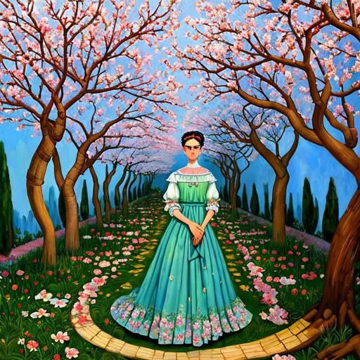 Prompt:  Beautiful Frida Kahlo as Woman in garden, almond blossom luminous trees, intriguing flowers, highly detailed painting, intricate, high quality oil painting , woman Sandro Botticelli style and patchwork by Megan Duncanson and Jennifer Lommers and Didier Lourenço 
