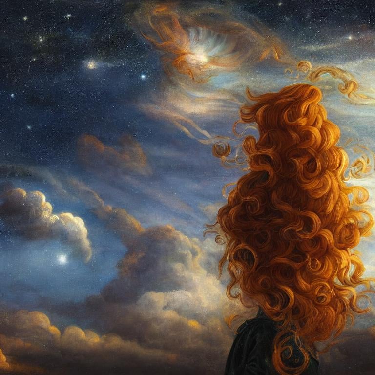 Prompt:  Oil painting by Botticelli portrait of a beautiful woman with curly auburn hair observing star dust and clouds in the milky-way, stunning image, epic fantasy image, award-winning cgi, artstation, blender 