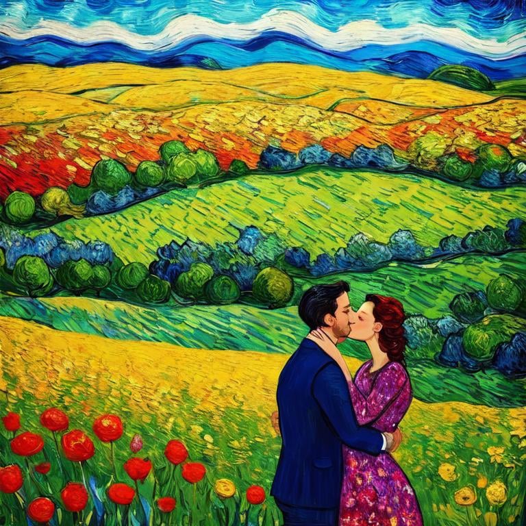 Prompt: Woman kissing Man in landscape of the countryside, Style Flora Bowley and Vincent van Gogh,8k, 
 dynamic lighting, ultra detailed