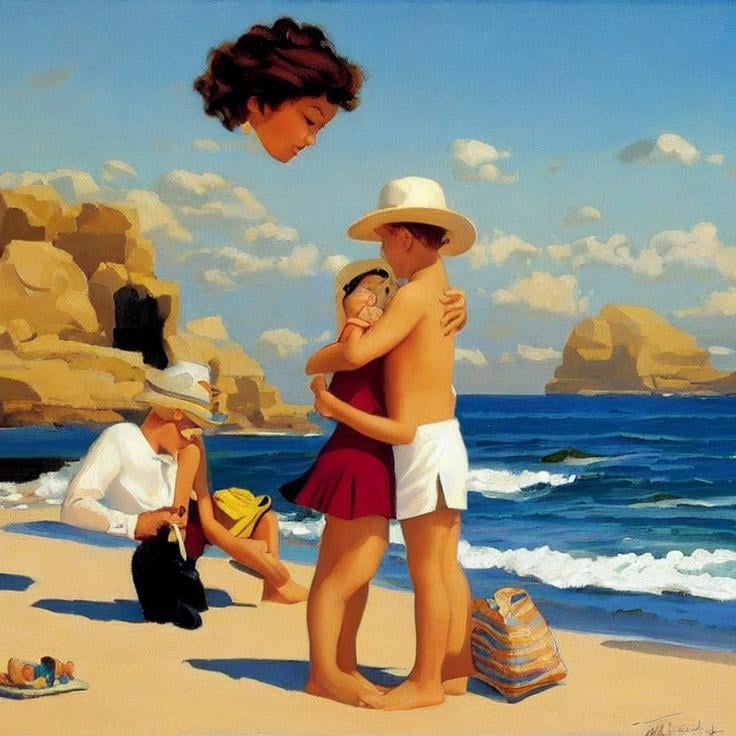 Prompt:  beach landscape, boys and girls Style: Jack Vettriano, catherine abel, beautiful crisp colors 