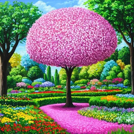 Prompt: cubic painting of flower garden with blossem trees