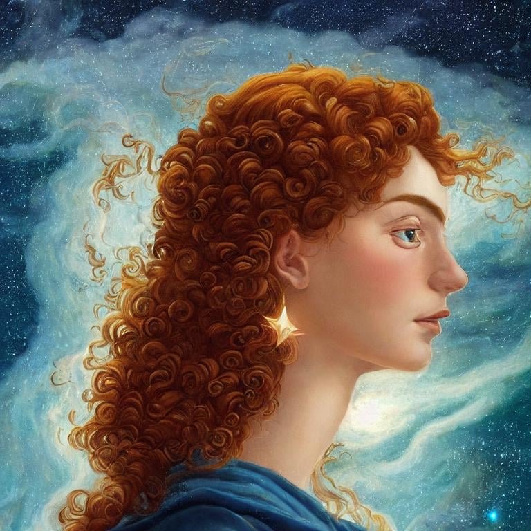 Prompt:  Oil painting by Botticelli portrait of a beautiful woman with curly auburn hair observing star dust and clouds in the milky-way, stunning image, epic fantasy image, award-winning cgi, artstation, blender 