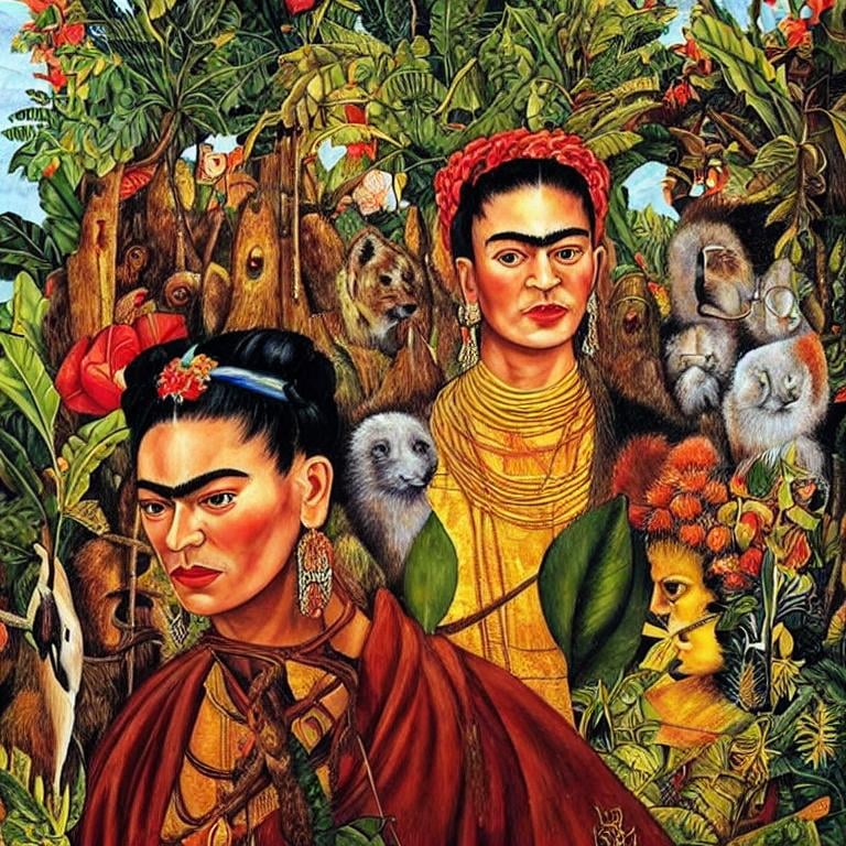 Prompt: portrait of frida kahlo, bali jungle background, detailed painting, epic lighting, bycatharine abel,enki bilal, Anton Pieck and Crivelli Carlo