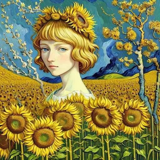 Prompt: oil painting by Vincent Van Gogh, dramatic intense textural brushstrokes, portrait of a beautiful woman standing in a field of Sunflowers and  almond blossom luminous trees, intriguing flowers, highly detailed painting, intricate, high quality oil painting , woman Sandro Botticelli style and patchwork by Megan Duncanson and Jennifer Lommers and Didier Lourenço 