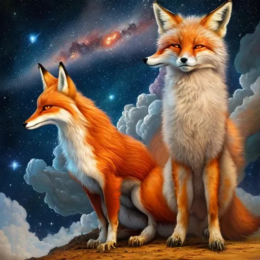 Prompt:  Oil painting by Botticelli portrait of a beautiful fox steling an chicken observing star dust and clouds in the milky-way, stunning image, epic fantasy image, award-winning cgi, artstation, blender 