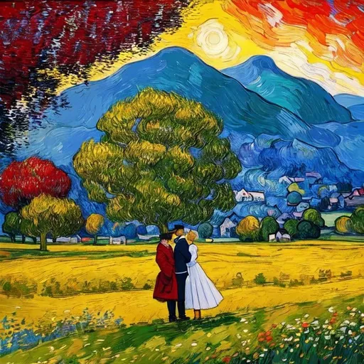 Prompt: Woman kissing Man in landscape of the countryside, Style Flora Bowley and Vincent van Gogh,8k and Enki Bilal and Anton Pieck, dynamic lighting, ultra detailed