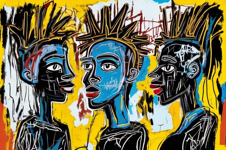 Prompt: comic style, stunning background, abstract painting using  black white dark blue and gold  basquiat style lesbian lovers with locs and black and white illusion lines