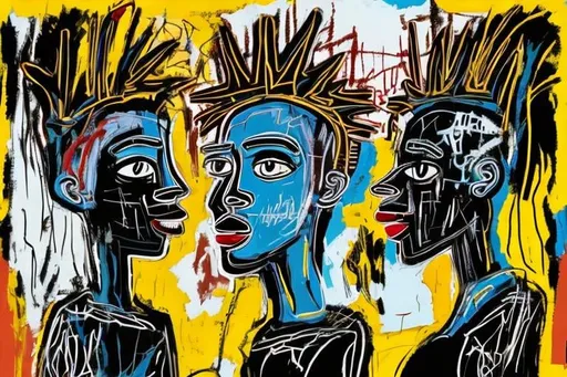 Prompt: comic style, stunning background, abstract painting using  black white dark blue and gold  basquiat style lesbian lovers with locs and black and white illusion lines