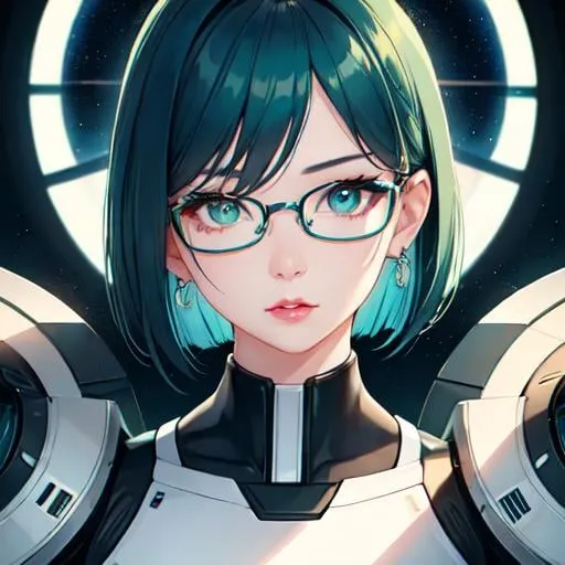 Prompt: 1girl, style by Sam Yang, 
short hair, green eyes, blue hair, hair between eyes, mean face, spacial scientist, best quality face, best quality skin, best quality eyes, best quality lips, ultra-detailed eyes, ultra-detailed glasses,  ultra-detailed, colorful, night, space, nerdy, with glasses, space station, looking at the stars, high resolution