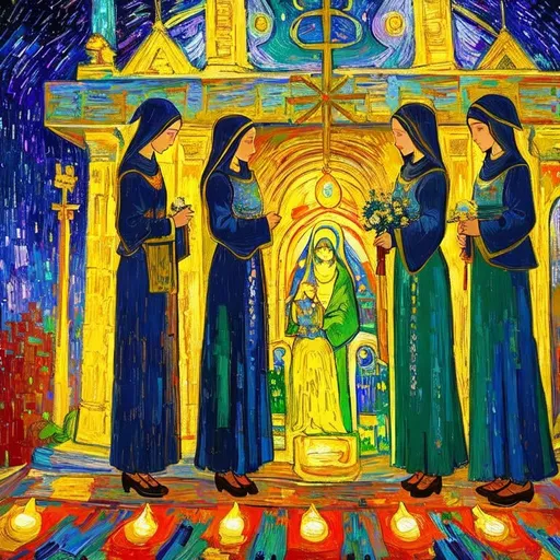 Prompt: The three Marys at the tomb of Jesus, Style Flora Bowley and Vincent van Gogh, 8k, dynamic lighting, ultra detailed 