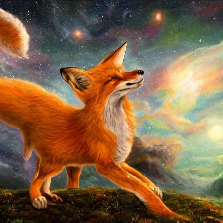 Prompt:  Oil painting by Botticelli portrait of a beautiful fox observing star dust and clouds in the milky-way, stunning image, epic fantasy image, award-winning cgi, artstation, blender 