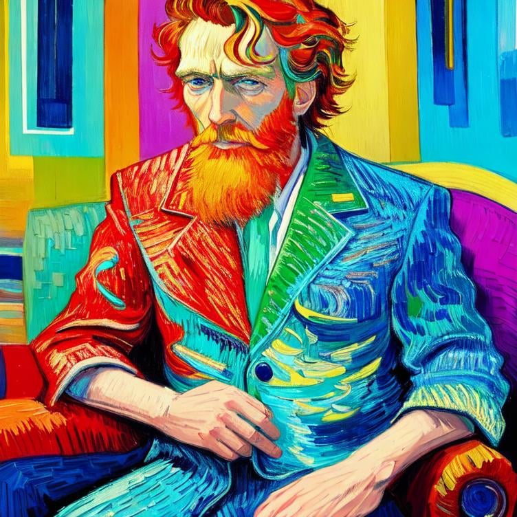 Prompt: Man sitting on the sofa, Style Flora Bowley and Vincent van Gogh,8k, dynamic lighting, ultra detailed