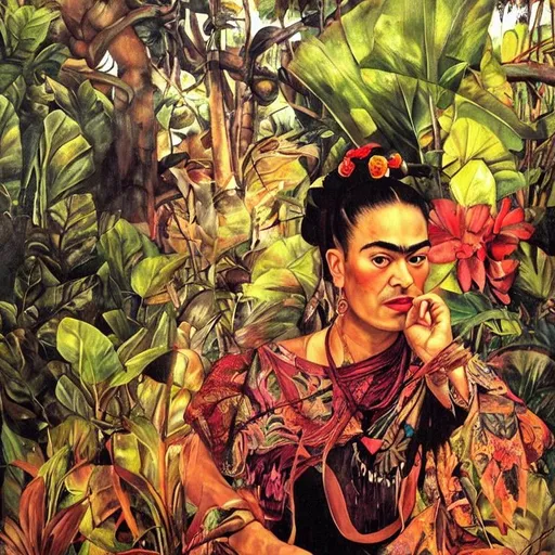 Prompt: portrait of frida kahlo, bali jungle background, detailed painting, epic lighting, by ilya repin, phil hale and kent williams