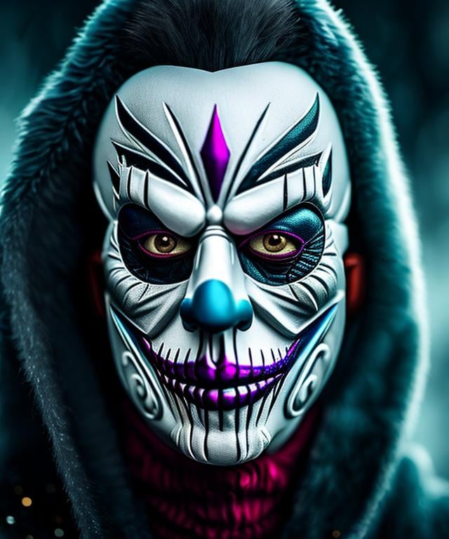 Prompt:  écolorful portraits of a scary masked clown stunning wallpaper, very very detailed,fantasy ,8k, elegant,extremely detailed,fantasy,8k,fantastic view,hypperrealistic,4K 3D, high definition,matte background, bokey 