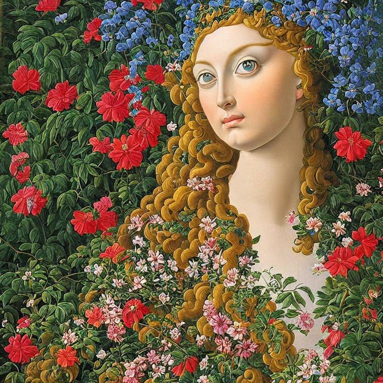 Prompt: Medusa in an beautiful garden, amandel blossem, fowers , highly detailed painting, intricate, high quality oil painting , woman Sandro Botticelli style 