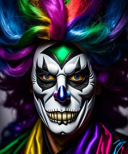 Prompt:  écolorful portraits of a scary masked clown stunning wallpaper, very very detailed,fantasy ,8k, elegant,extremely detailed,fantasy,8k,fantastic view,hypperrealistic,4K 3D, high definition,matte background, bokey 