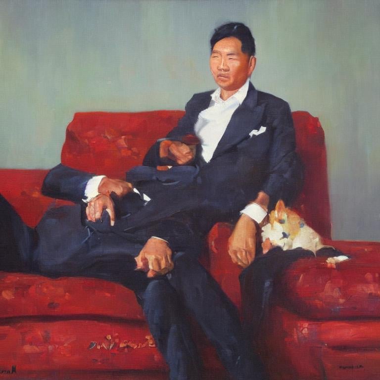 Prompt: Man sitting on the sofa, oil painting  by Yong Chen dunn, high details