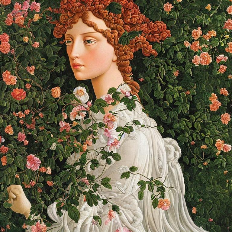 Prompt: Medusa in an beautiful garden, amandel blossem, fowers , highly detailed painting, intricate, high quality oil painting , woman Sandro Botticelli style 