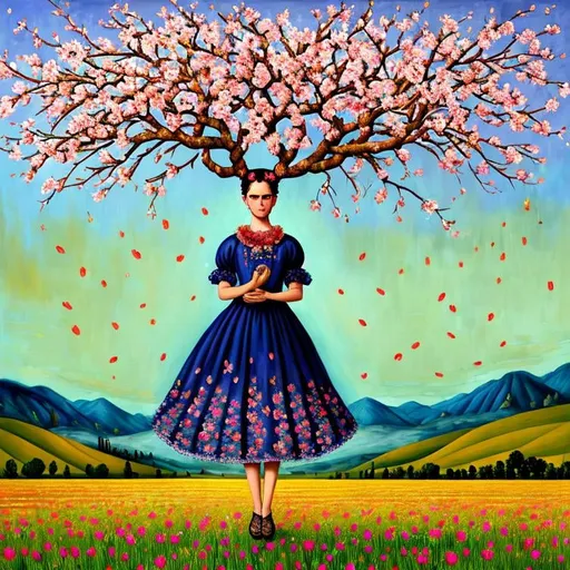 Prompt:  Beautiful Frida Kahlo as Woman in Fields, almond blossom luminous trees, intriguing flowers, highly detailed painting, intricate, high quality oil painting , woman Sandro Botticelli style and patchwork by Megan Duncanson and Jennifer Lommers and Didier Lourenço 