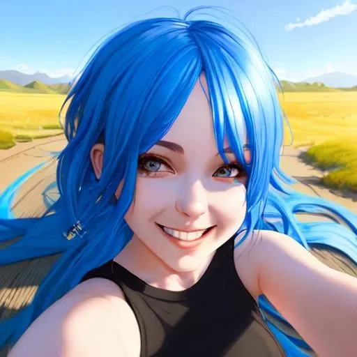 Prompt: SamDoesArt, a girl, blue hair, smile, sunny, day, taking selfie, HDRI, masterpiece, smooth, sharp focus, illustration, golden ratio, 