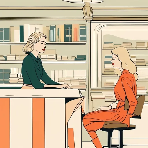 Prompt: minimalist graphic poster of a modern young blonde vietnamese woman sitting behind the counter in a little vintage bookstore. She looks up with pleasant surprise to great a european woman entering the bookshop, solid colors only. one line drawing. art deco and marimekko, final features, illustrative stylization, graphic emphasis, high accent textures, colored line patterns.