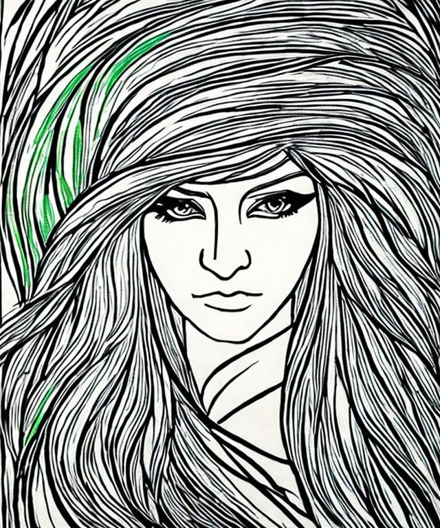 Prompt:  in the style of Bernard Buffet. a middle aged woman with long gray hair. she has green eyes. she has green feathers in her air.