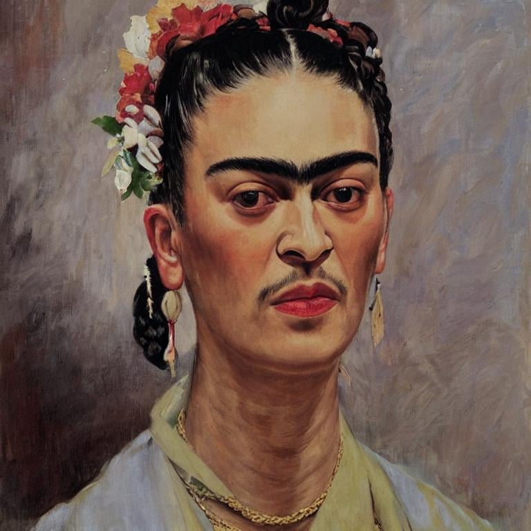 Prompt: portrait of frida kahlo, white background, detailed painting, epic lighting, by ilya repin, phil hale and kent williams