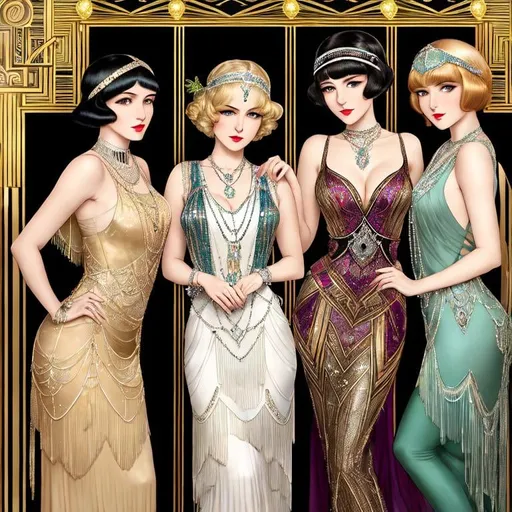 Prompt: three Beautiful woman, flapper, roaring 20s, great gatsby,digital painting,sharp focus, elegant,intricate, very attractive,beautiful, dynamic lighting,award winning, fantastic vieuw, hyperrealistic,ultra detailed, high definition, cinematic postproccesing, picasso, Alphonse Mucha, Arhur Rackman, Artnouveau, Gustave Klimt, Maxfield Parrish, Sulamith Wulfing, Isabelle de Borchgrave, Jules Cheret, David Goines, Petricone 